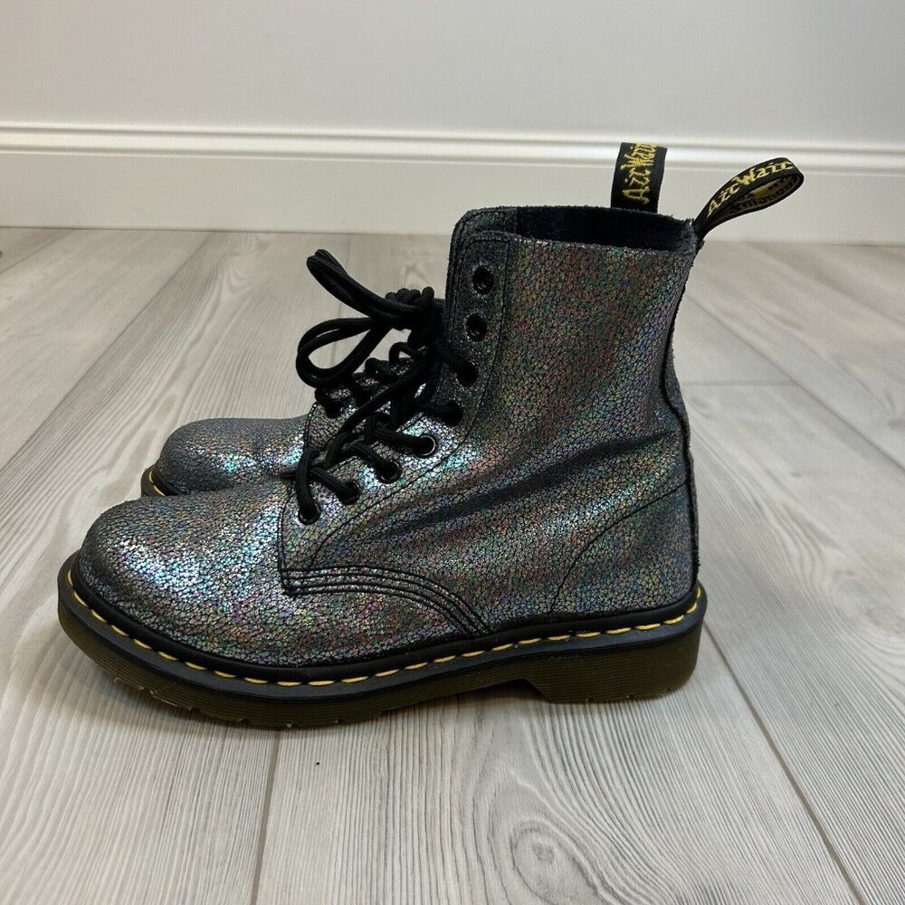 Dr. Martens Holographic Lace-Up Combat Boots in Iridescent Black